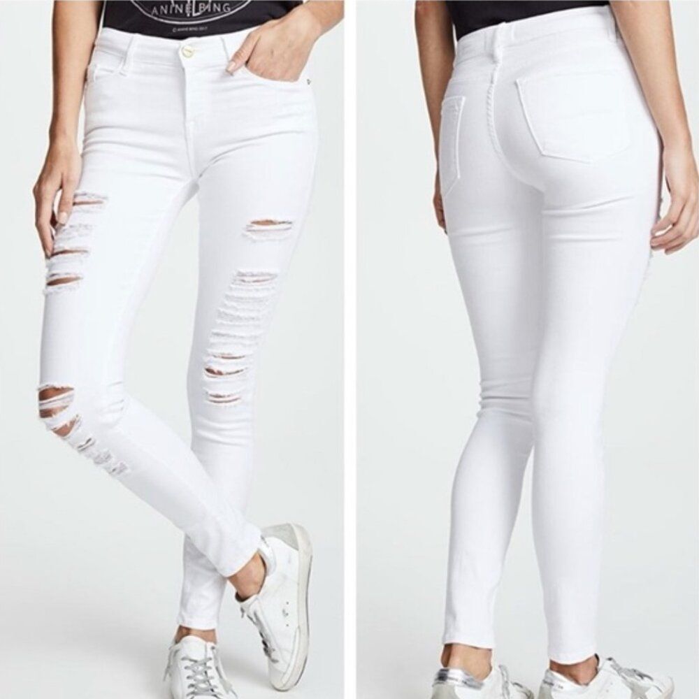 Frame Le Skinny de Jeanne White Distressed Stretchy Skinny Jeans (US 27)